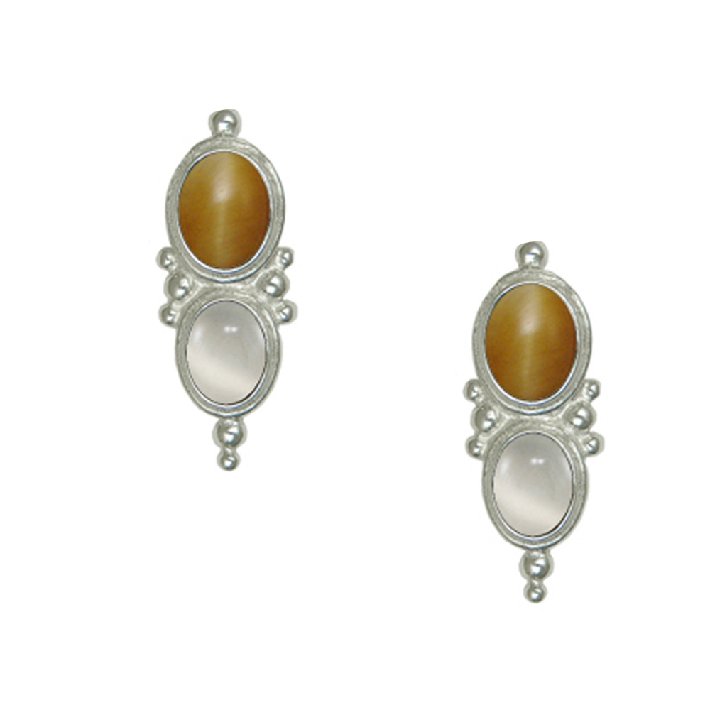 Sterling Silver Drop Dangle Earrings With Honey Tiger Eye And White Moonstone